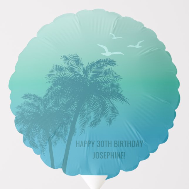 Aqua Blue Sky With Palm Trees Tropical Birthday Balloon (Front)