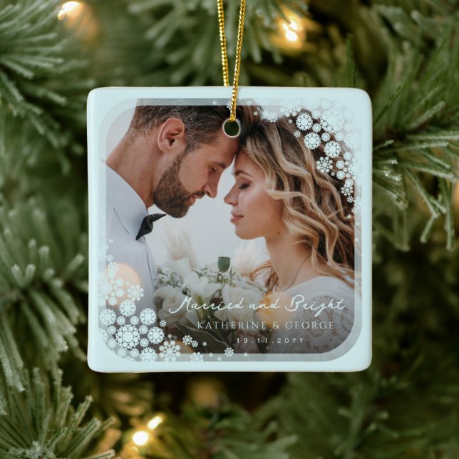 Aqua Blue Snowflakes Frame Holiday Wedding Photo Ceramic Ornament (Tree)