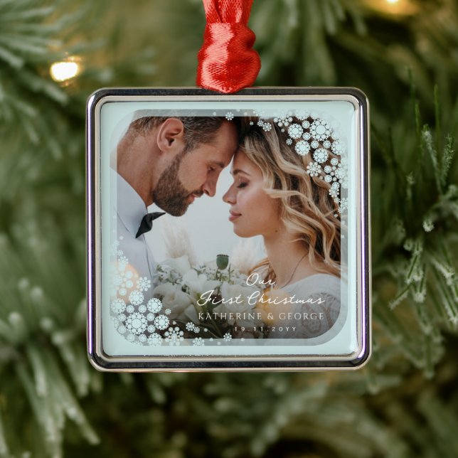 Aqua Blue Snowflakes Frame Holiday Wedding Photo Metal Ornament (Tree)