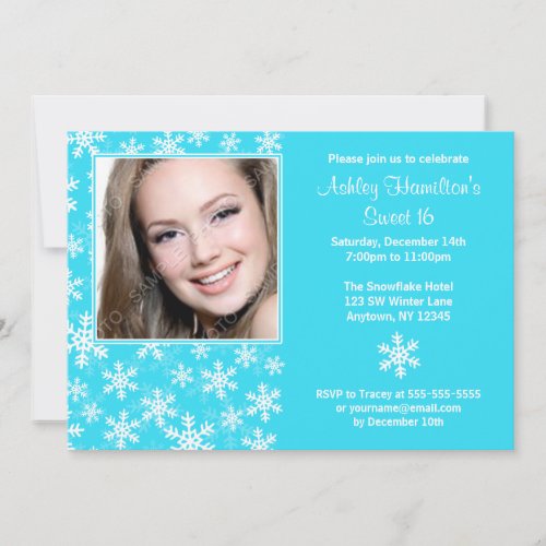 Aqua Blue Snowflakes Photo Sweet 16 Invitations