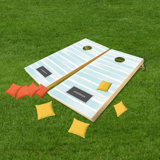 Aqua Blue Soft StripesFarmhouse Decor Personalized Cornhole Set (Teal blue rustic watercolor boho stripe personalized cornhole boards perfect for your backyard! )