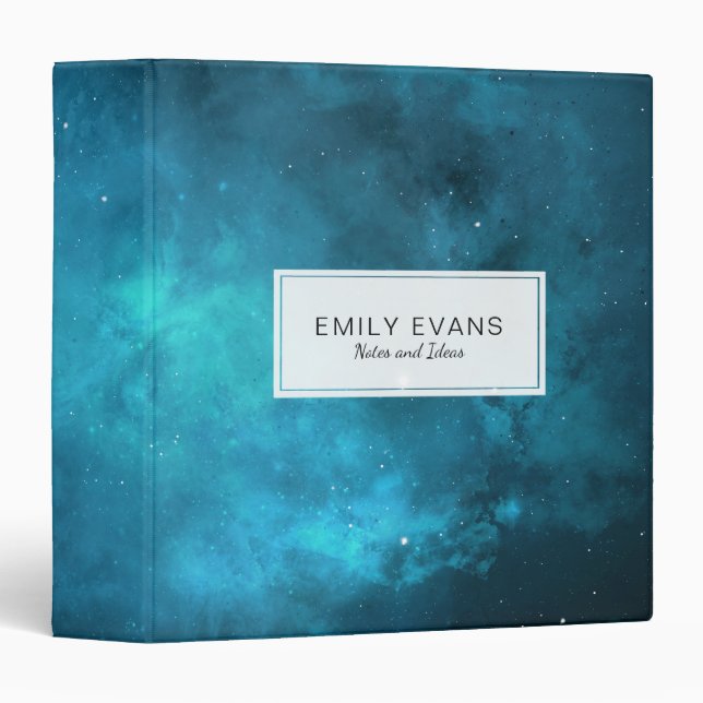 Aqua Blue Space Galaxy Stars Pattern School 3 Ring Binder (Front/Spine)