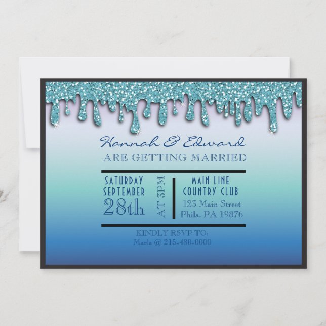 Aqua Blue Sparkle Drippy Drip Wedding Party Invitation (Front)