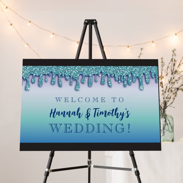 Aqua Blue Sparkle Glitter Welcome Wedding Sign (In Situ (Stand))