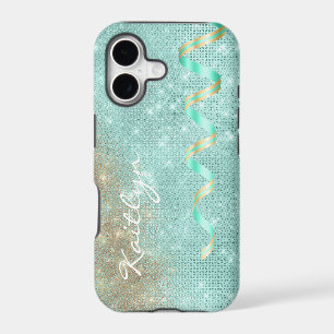 Aqua Blue Sparkle Ribbon Glam iPhone 17 Case