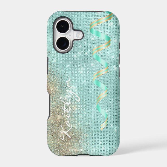 Aqua Blue Sparkle Ribbon Glam iPhone Case (Back)