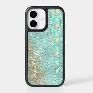 Aqua Blue Sparkle Ribbon Glam iPhone 17 Case