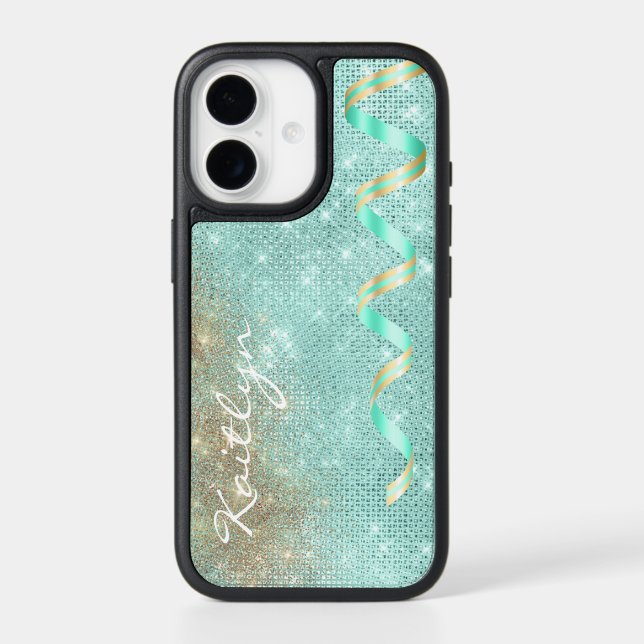 Aqua Blue Sparkle Ribbon Glam Otterbox iPhone Case (Back)