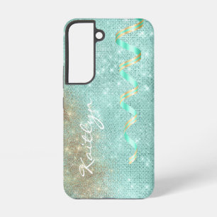 Aqua Blue Sparkle Ribbon Glam Samsung Galaxy S22 Case