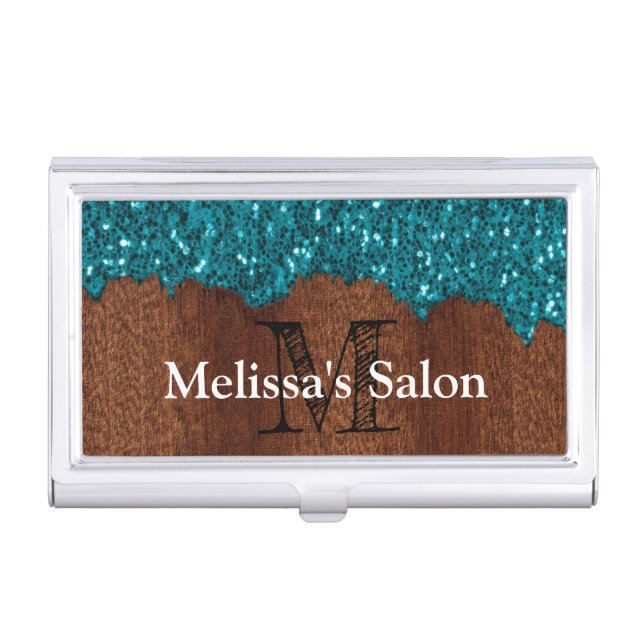 Aqua blue sparkle rustic brown wood Salon Monogram Business Card Case (Front)