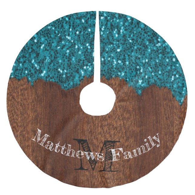 Aqua blue sparkle rustic wood family Monogram Brushed Polyester Tree Skirt (Front)