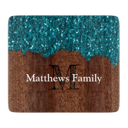 Aqua blue sparkle rustic wood family Monogram Door Cutting Board