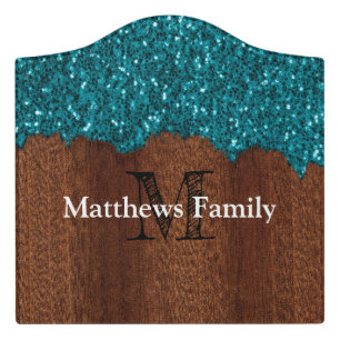 Aqua blue sparkle rustic wood family Monogram Door Sign