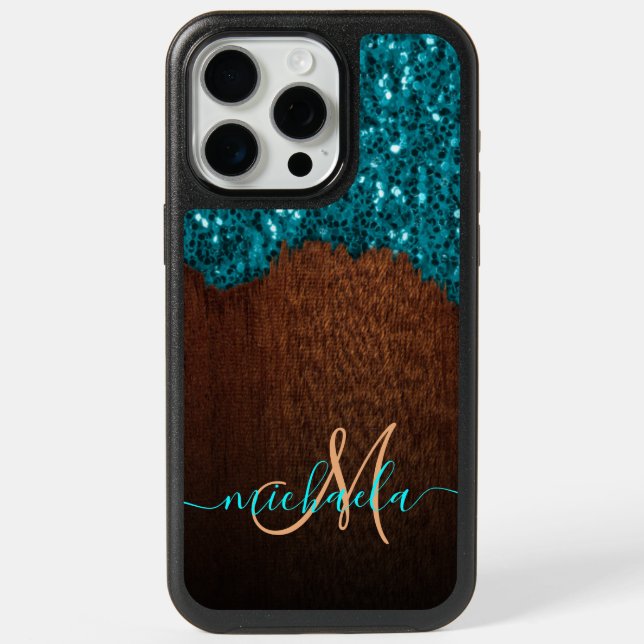 Aqua blue sparkles bling rustic wood Monogram iPhone 15 Pro Max Case (Back)