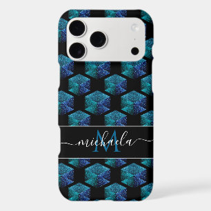 Aqua blue sparkles diamond geometric Monogram iPhone 17 Pro Max Case