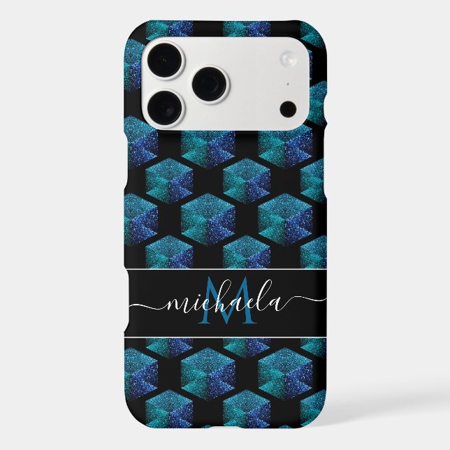 Aqua blue sparkles diamond geometric Monogram iPhone Case (Back)