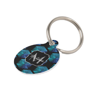 Aqua blue sparkles diamond geometric Monogram Pet ID Tag