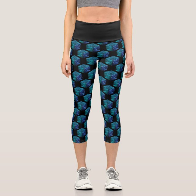 Aqua blue sparkles diamond geometric pattern black capri leggings (Front)