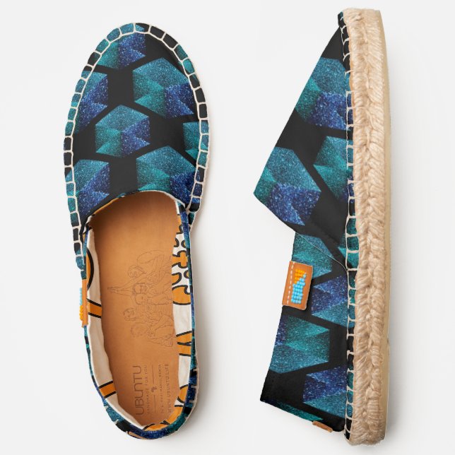 Aqua blue sparkles diamond geometric pattern black espadrilles (Side)