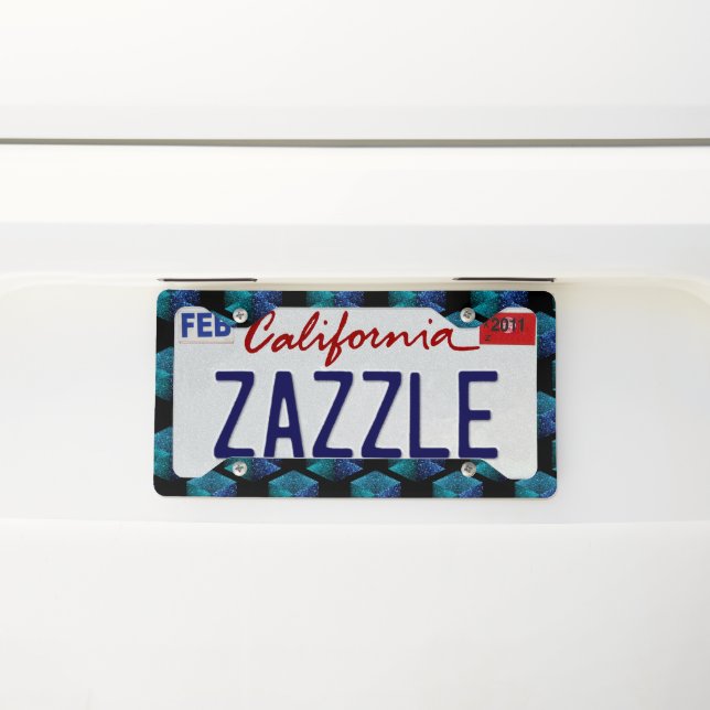 Aqua blue sparkles diamond geometric pattern black license plate frame (On Car)