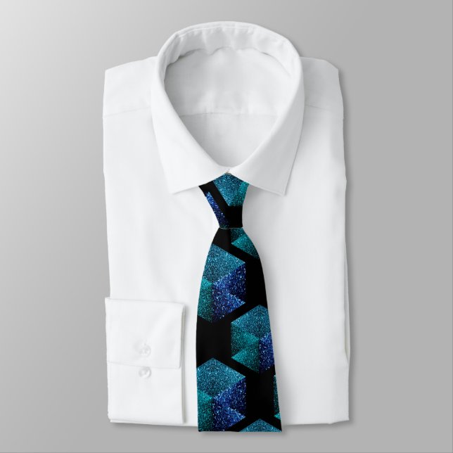 Aqua blue sparkles diamond geometric pattern black neck tie (Tied)