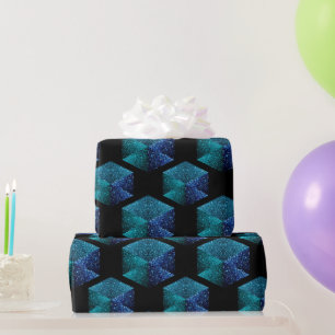 Aqua blue sparkles diamond geometric pattern black wrapping paper