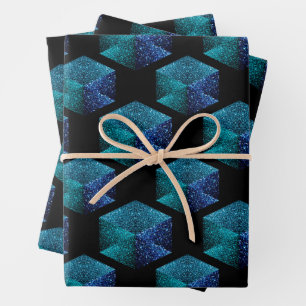 Aqua blue sparkles diamond geometric pattern black wrapping paper sheets