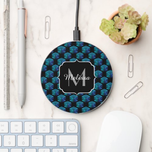 Aqua blue sparkles diamond pattern black Monogram Wireless Charger