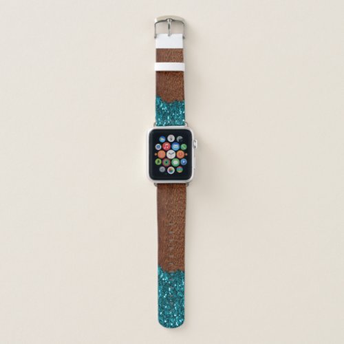 Aqua blue sparkles glitter rustic brown wood apple watch band