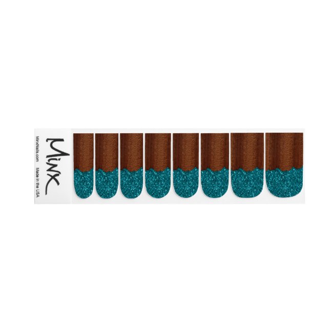 Aqua blue sparkles glitter rustic brown wood minx nail art (Left Hand)