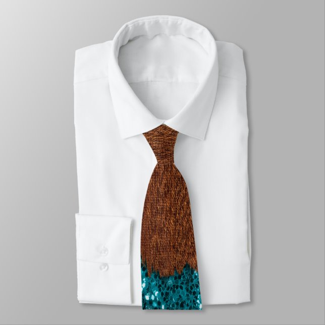 Aqua blue sparkles glitter rustic brown wood neck tie (Tied)