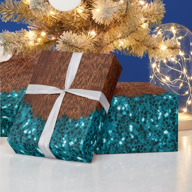 Aqua blue sparkles glitter rustic brown wood wrapping paper (Holidays)