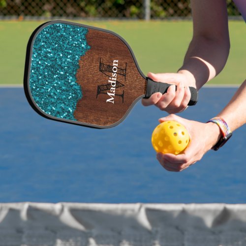 Aqua blue sparkles glitter rustic wood Monogram Pickleball Paddle