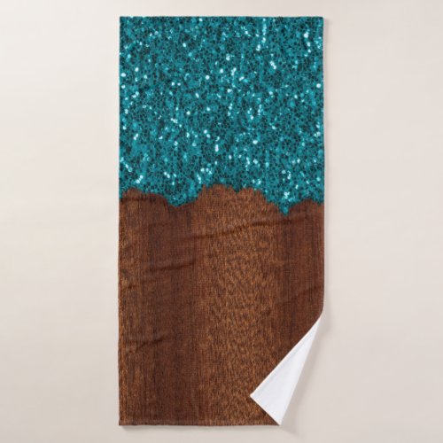 Aqua blue sparkles rustic brown wood bath towel