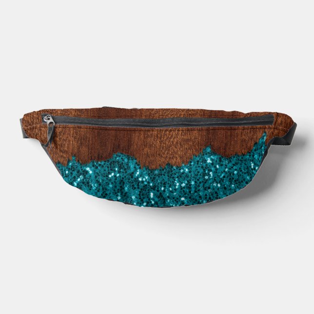 Aqua blue sparkles rustic brown wood fanny pack (Lay Down)