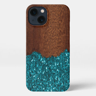 Aqua blue sparkles rustic brown wood faux iPhone 13 case