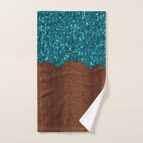 Aqua blue sparkles rustic brown wood hand towel 