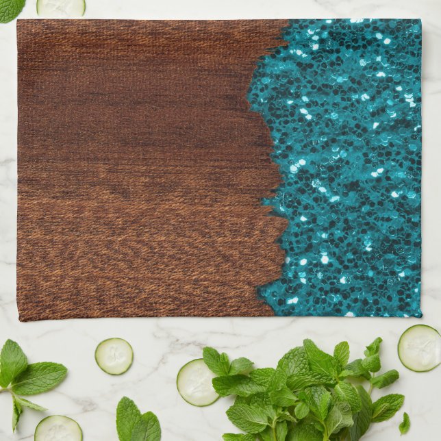 Aqua blue sparkles rustic brown wood kitchen towel (Folded)
