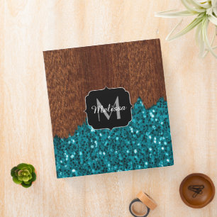 Aqua blue sparkles rustic brown wood Monogram 3 Ring Binder