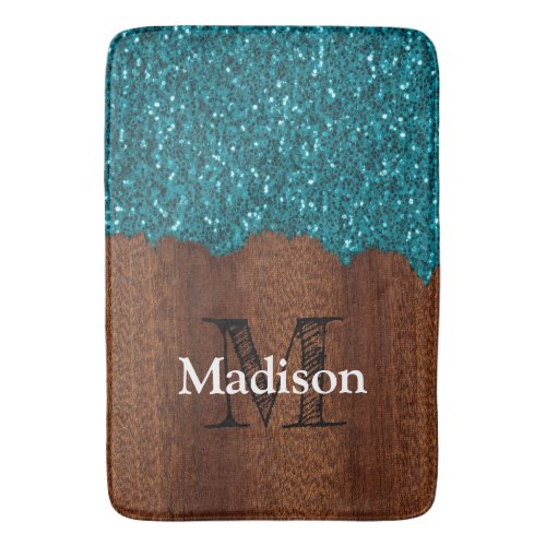 Aqua blue sparkles rustic brown wood Monogram Bath Mat