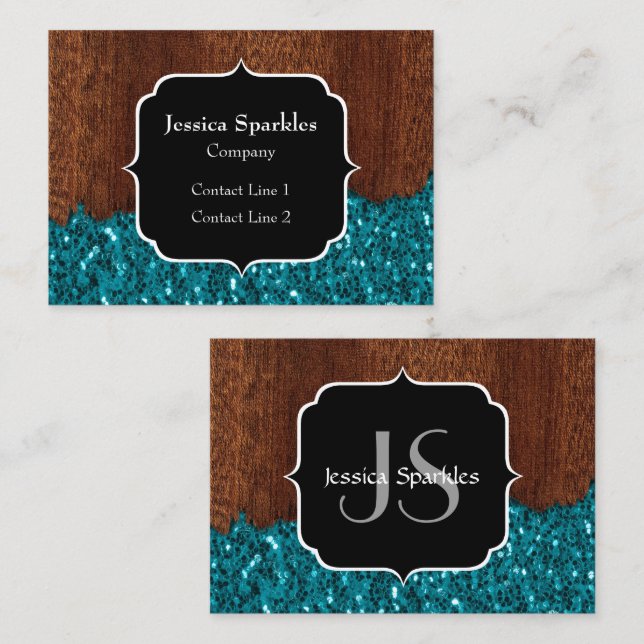 Aqua blue sparkles rustic brown wood Monogram Business Card (Front/Back)