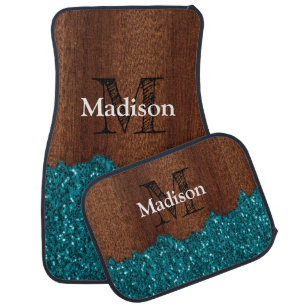 Aqua blue sparkles rustic brown wood Monogram Car Floor Mat