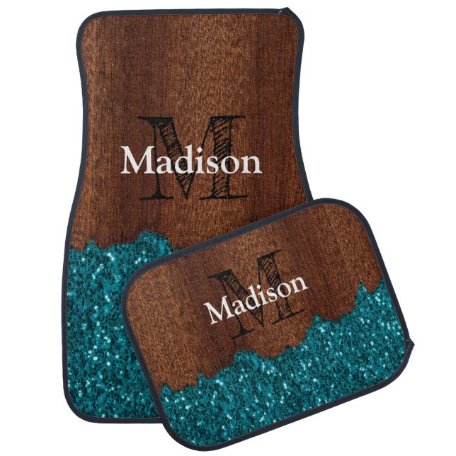 Aqua blue sparkles rustic brown wood Monogram Car Floor Mat (Set)