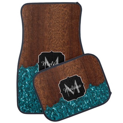 Aqua blue sparkles rustic brown wood Monogram Car Floor Mat