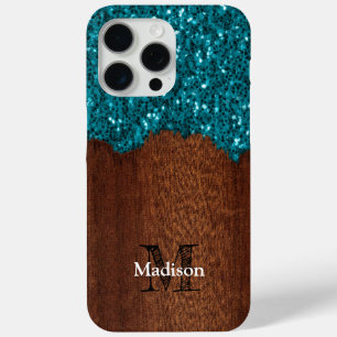 Aqua blue sparkles rustic brown wood Monogram iPhone 15 Pro Max Case