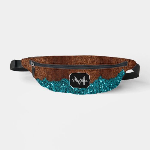 Aqua blue sparkles rustic brown wood Monogram Fanny Pack