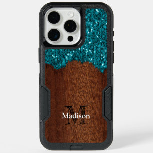 Aqua blue sparkles rustic brown wood Monogram iPhone 15 Pro Max Case