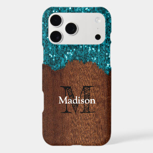 Aqua blue sparkles rustic brown wood Monogram iPhone 17 Pro Max Case