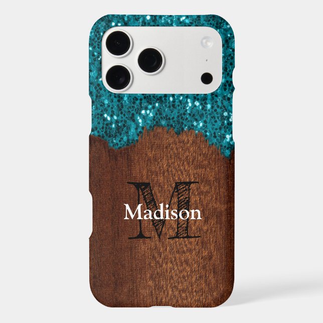 Aqua blue sparkles rustic brown wood Monogram iPhone Case (Back)