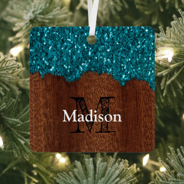 Aqua blue sparkles rustic brown wood Monogram Metal Ornament (Insitu)